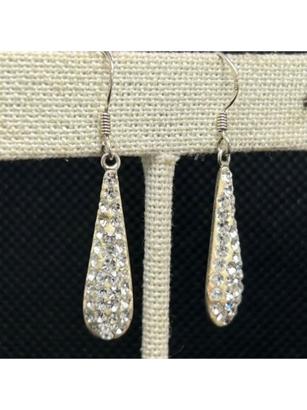 Crystal Inset Sterling Silver 925 Dangle Drop Earrings French Wire 1.5" Long